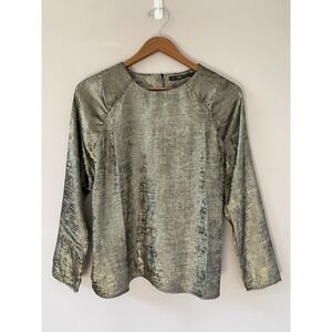 Hazel Womens Gold Metallic Long Sleeve Blouse Textured Party Top Size SMALL